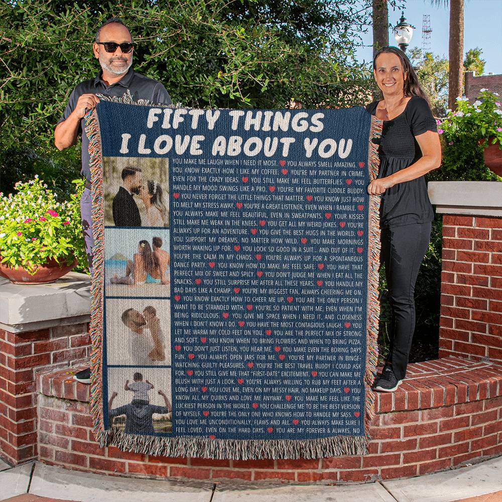 50th Birthday or Anniversary Cotton Blanket - Personalized 50 Reasons I Love You Gift with Custom Photos - Custom Keepsake for Husband/Friend
