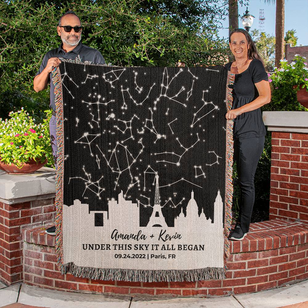 Personalized Anniversary Star Map Blanket - Custom Cotton Heirloom Gift for Christmas, Weddings, Birthdays – 100% Cotton Woven Blanket with City Skyline Design