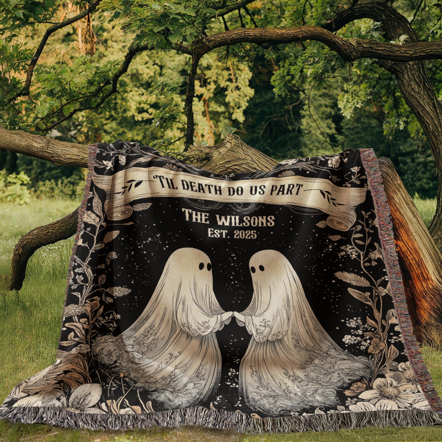 Ghost Couple 'Till Death Do Us Part Personalized Wedding Blanket Spooky Halloween Tapestry Woven Ghost Gifts His & Hers Anniversary Gifts