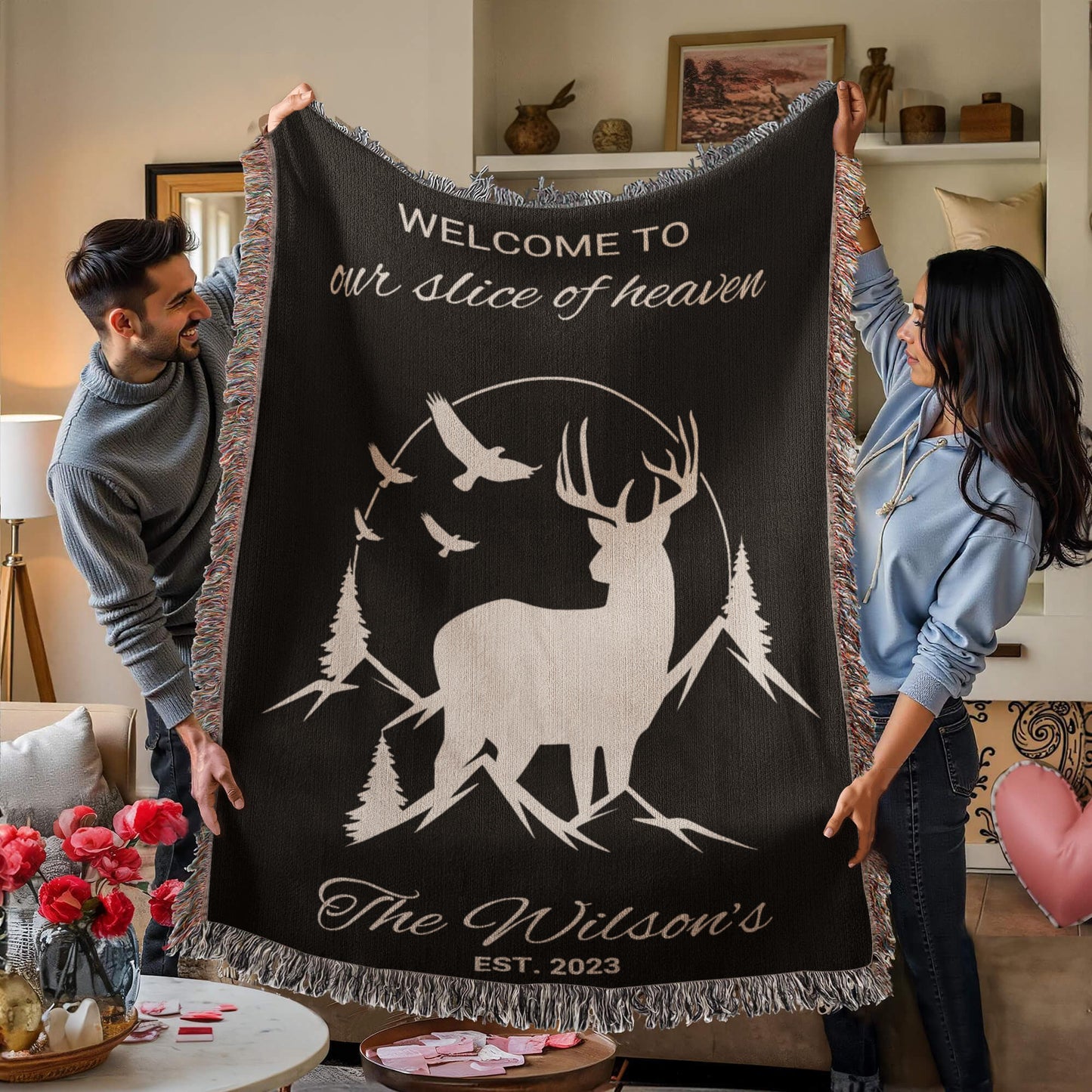 Personalized Outdoor Blanket for Him Romantic Valentine Gift Rustic Cabin Decor Mountain Anniversary Keepsake Hunter Gift for Boyfriend