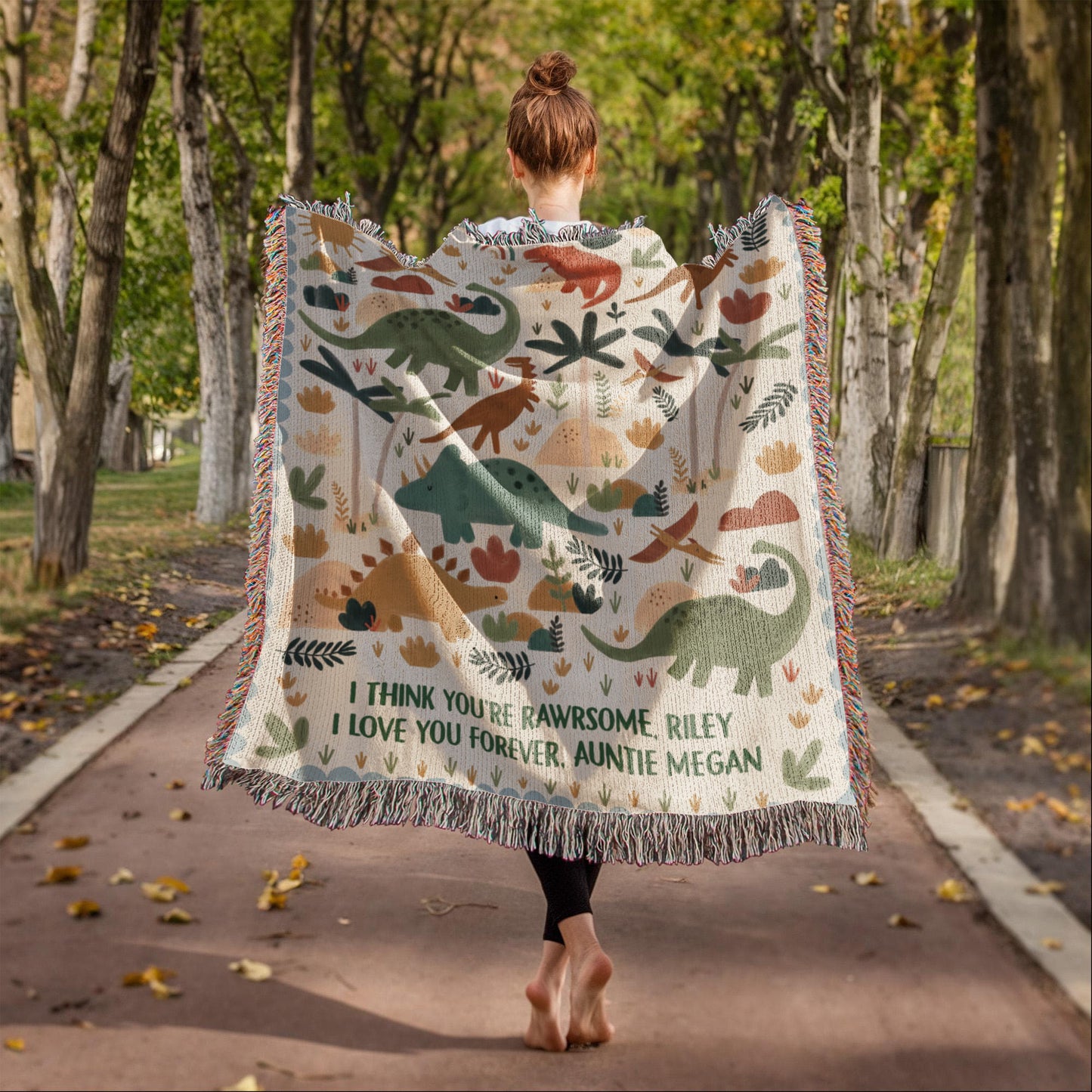 Dinosaur Personalized Throw Blanket: Woven Cotton Throw, Cute Stegosaurus Brontosaurus Triceratops, Colorful Kids Teen Bedroom, Christmas