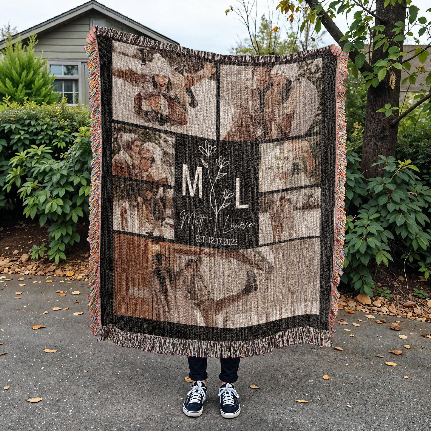 Custom Photos Blanket Collage with Text, Family Name & Photo, In Loving Memory Gift, Birthday Wedding Cotton Anniversary Bride Gift