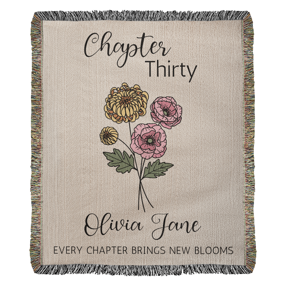 30th Birthday Gift for Her or Him, Chapter 30 Name Blanket, Birth Flower Present, Personalized Gift for 30 Year Old Woman or Daughter