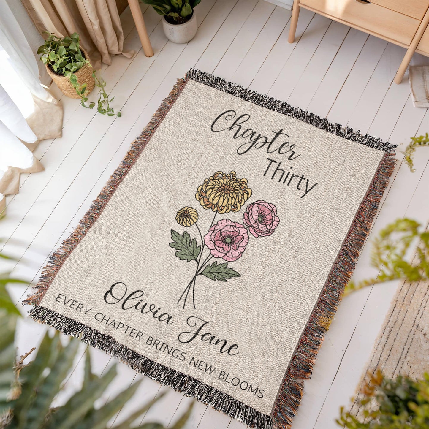 30th Birthday Gift for Her or Him, Chapter 30 Name Blanket, Birth Flower Present, Personalized Gift for 30 Year Old Woman or Daughter