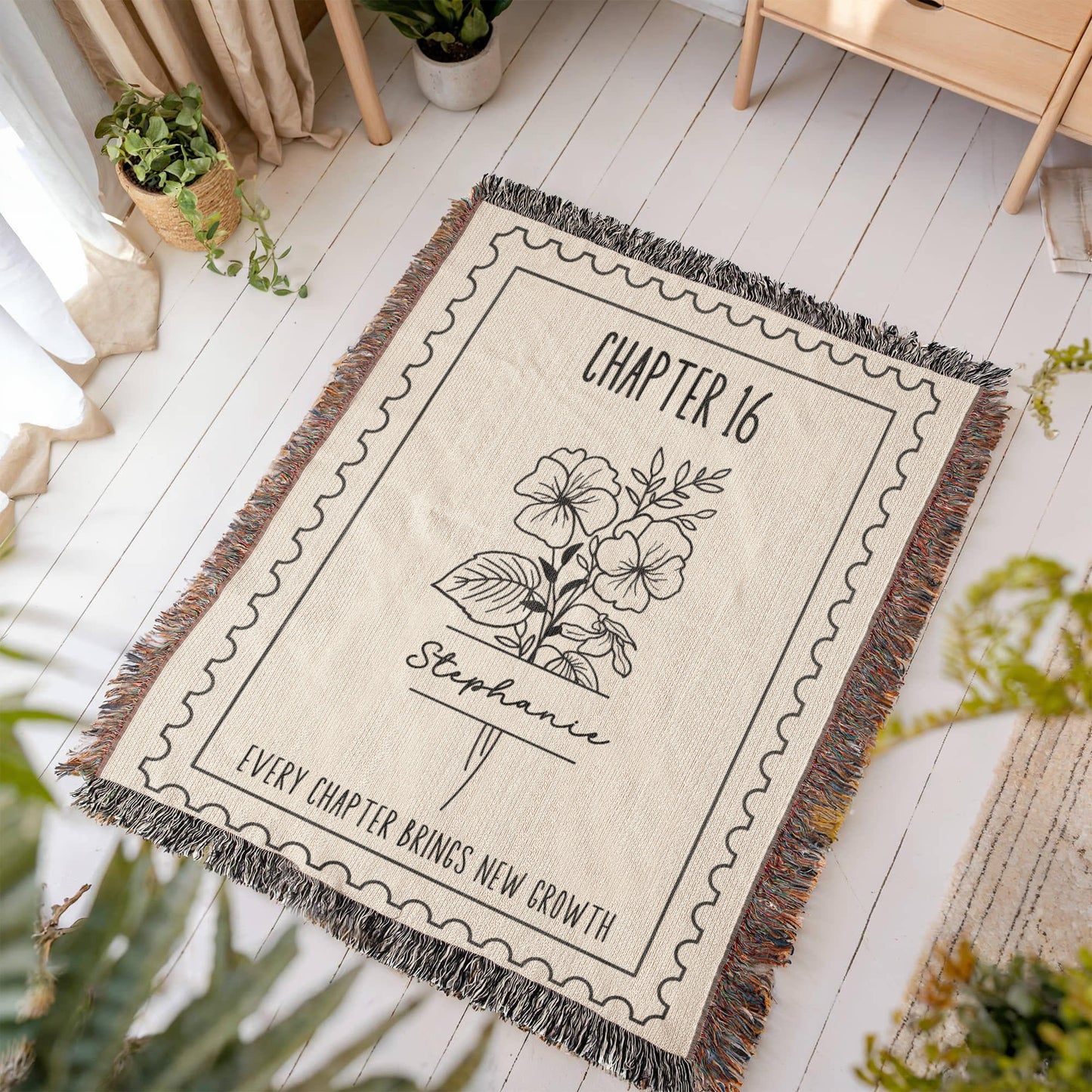 16th Birthday Gift Birth Month Flower Chapter 16 Reading Blanket, Personalized 16 Years Old Birthday Present for Her