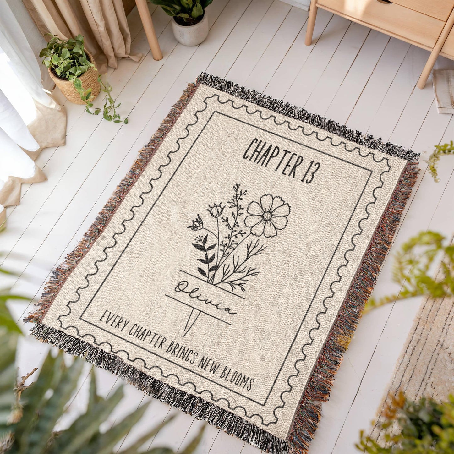 13th Birthday Gift for Her, Personalized Chapter 13 Name and Birthday Month Flower Keepsake Reading Blanket