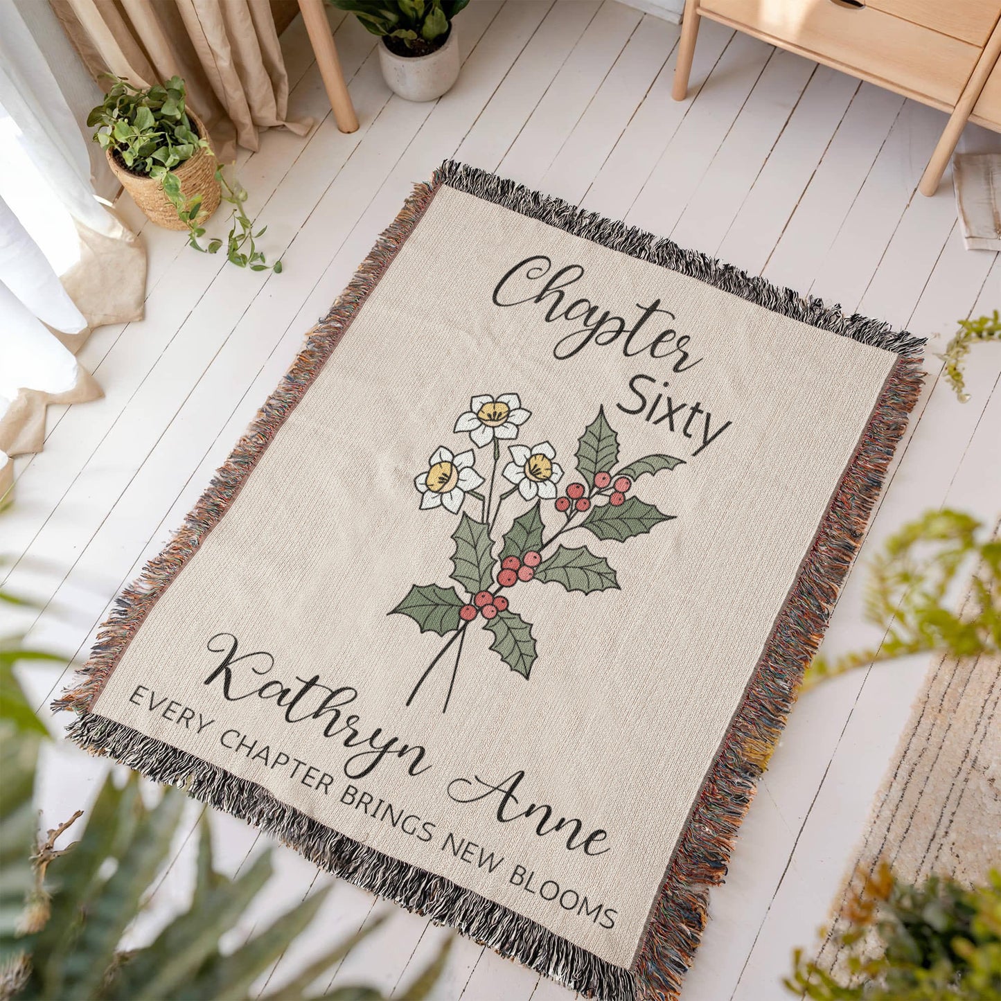 60th Birthday Gift for Women or Men, Chapter 60 Name Blanket, Birth Month Flower Throws, Personalized 60 Years Old Birthday Present