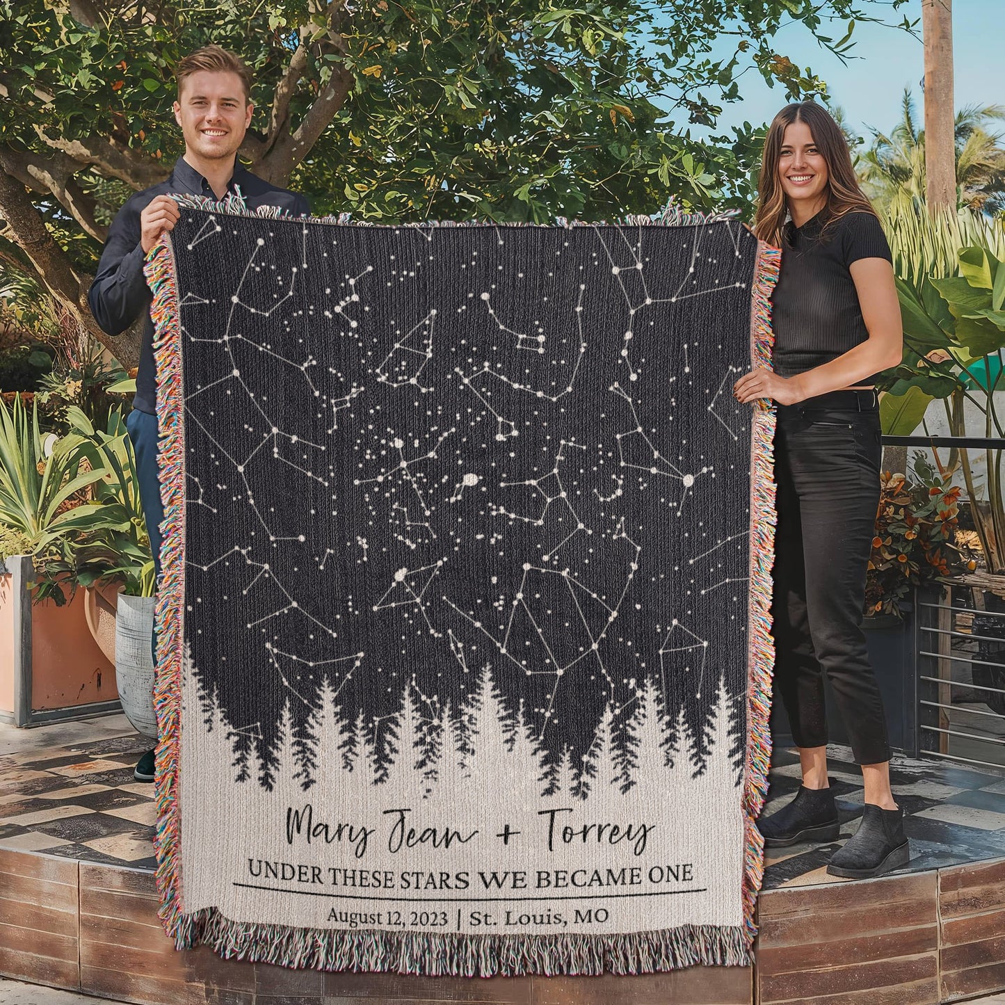 Personalized Wedding Woven Blanket, Custom Star Map Throw with Names, Night Sky, Special Date, Outdoors Lovers Gift, Cotton Anniversary Gift