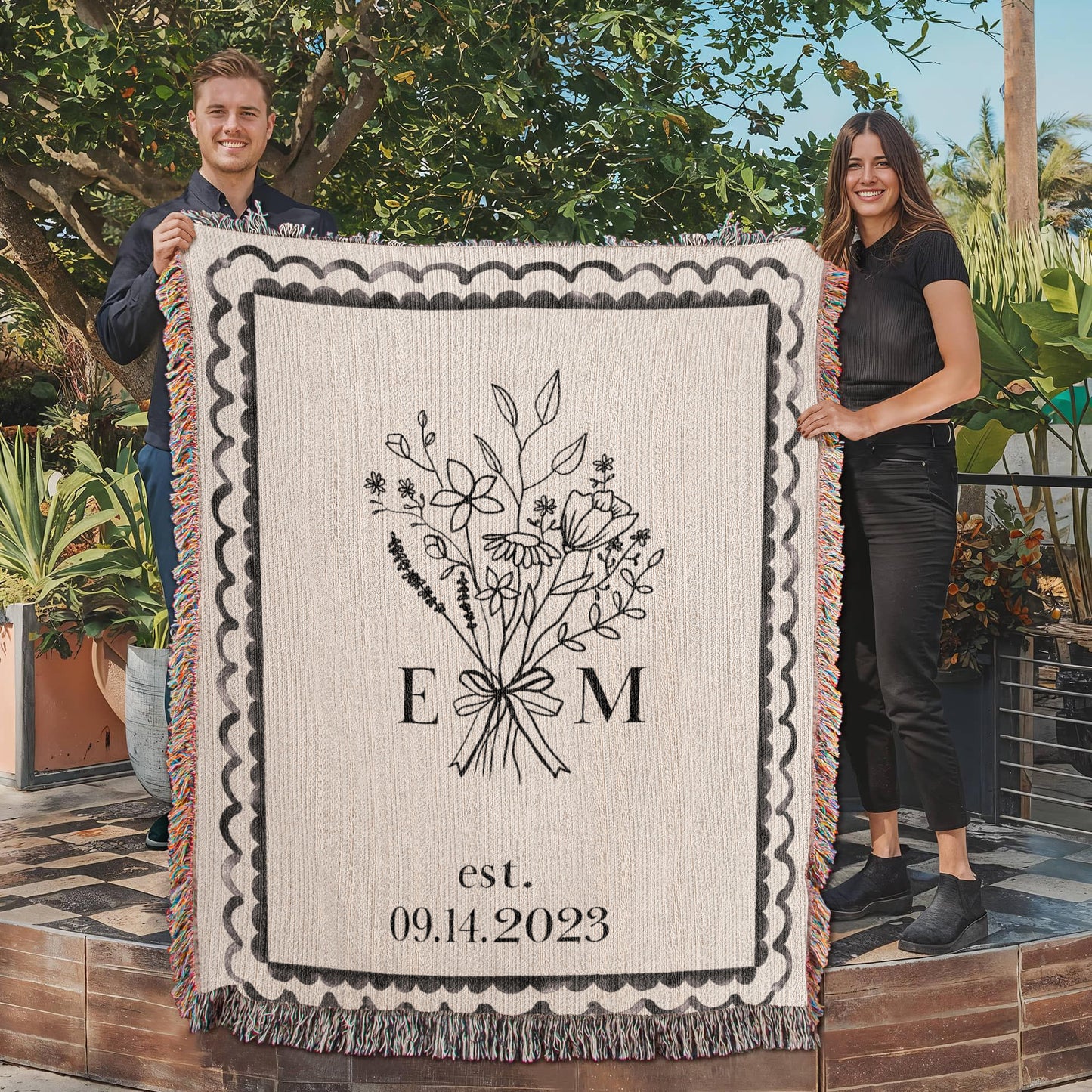 Custom Cotton Anniversary Blanket | Personalised Wedding Throw with Initials & Established Date | 2nd Anniversary Gift for Wife or Couple