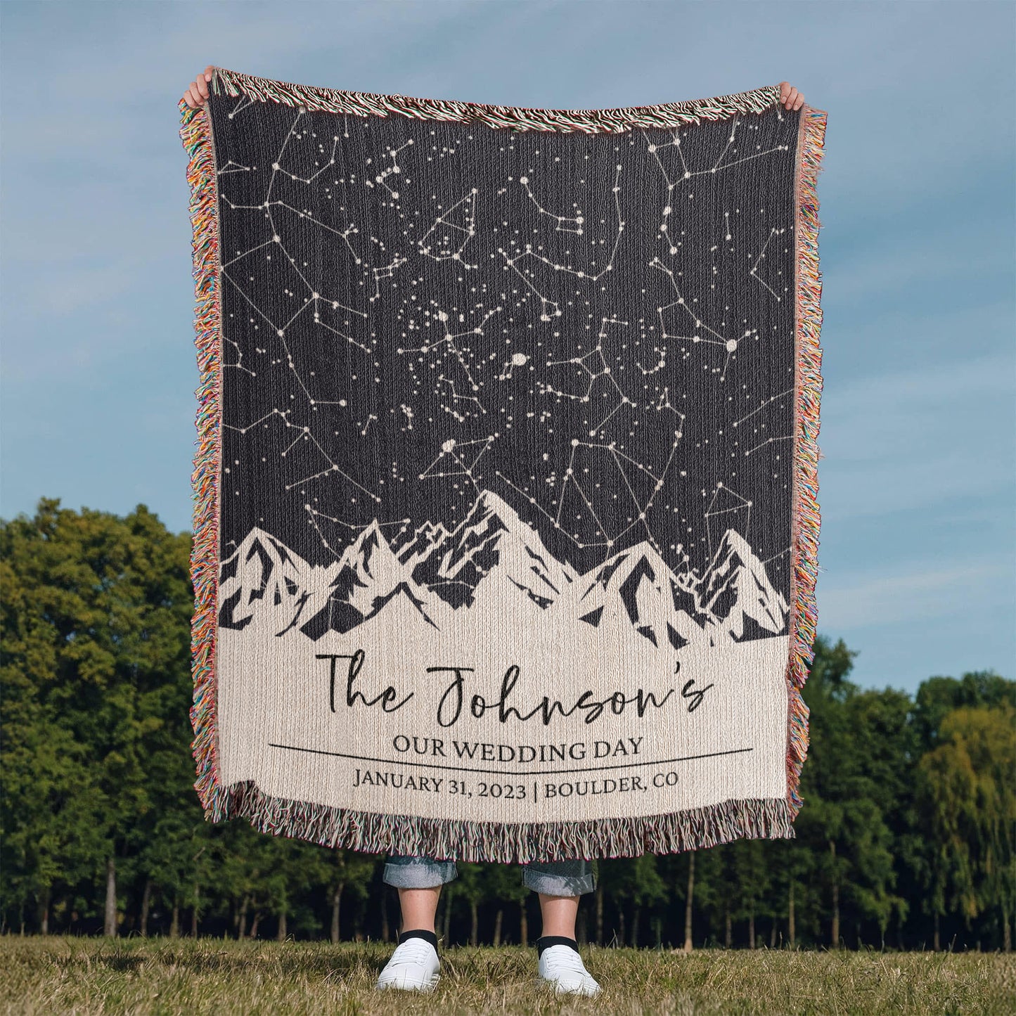 Personalized Star Map by Date Couples Blanket, Custom Wedding Gift, Cotton Anniversary Gift, Mountain Couple Christmas Gift for Xmas