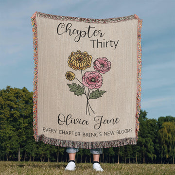 30th Birthday Gift for Her or Him, Chapter 30 Name Blanket, Birth Flower Present, Personalized Gift for 30 Year Old Woman or Daughter
