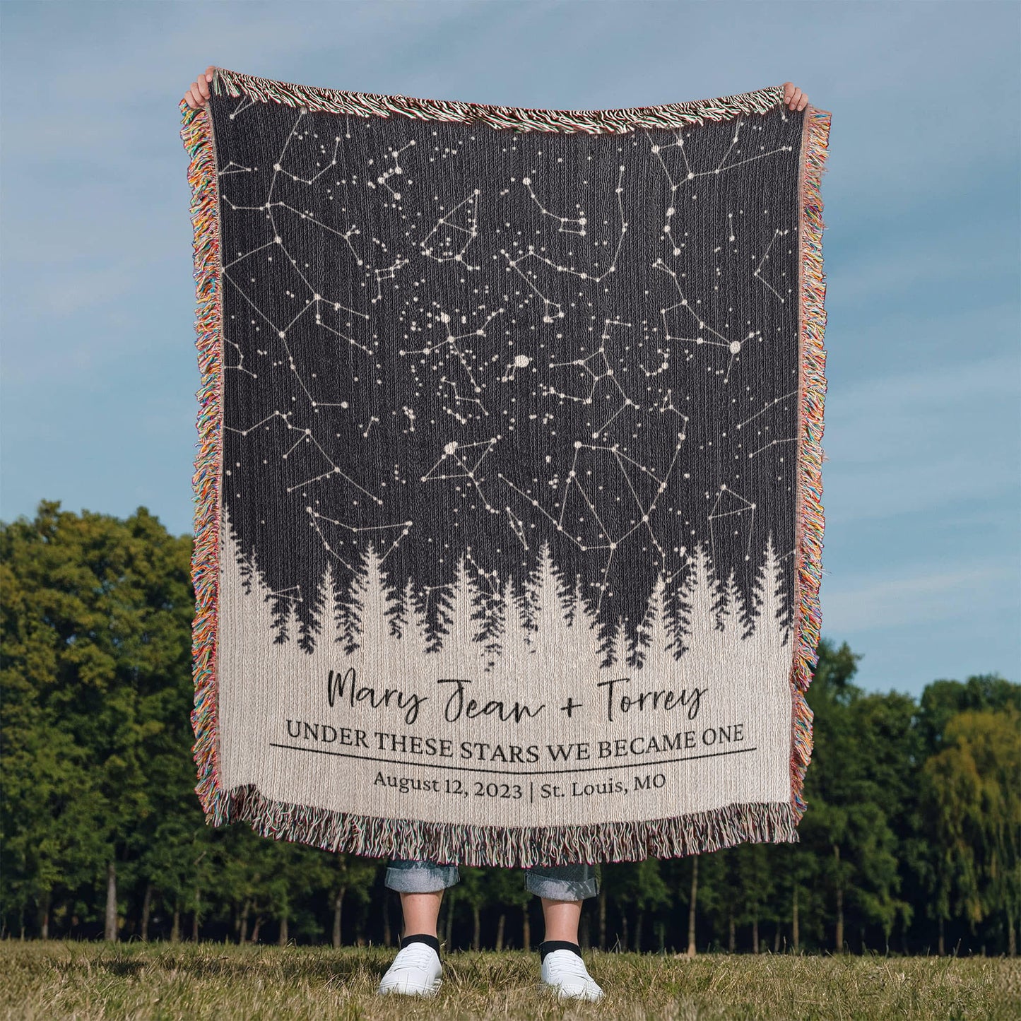 Personalized Wedding Woven Blanket, Custom Star Map Throw with Names, Night Sky, Special Date, Outdoors Lovers Gift, Cotton Anniversary Gift