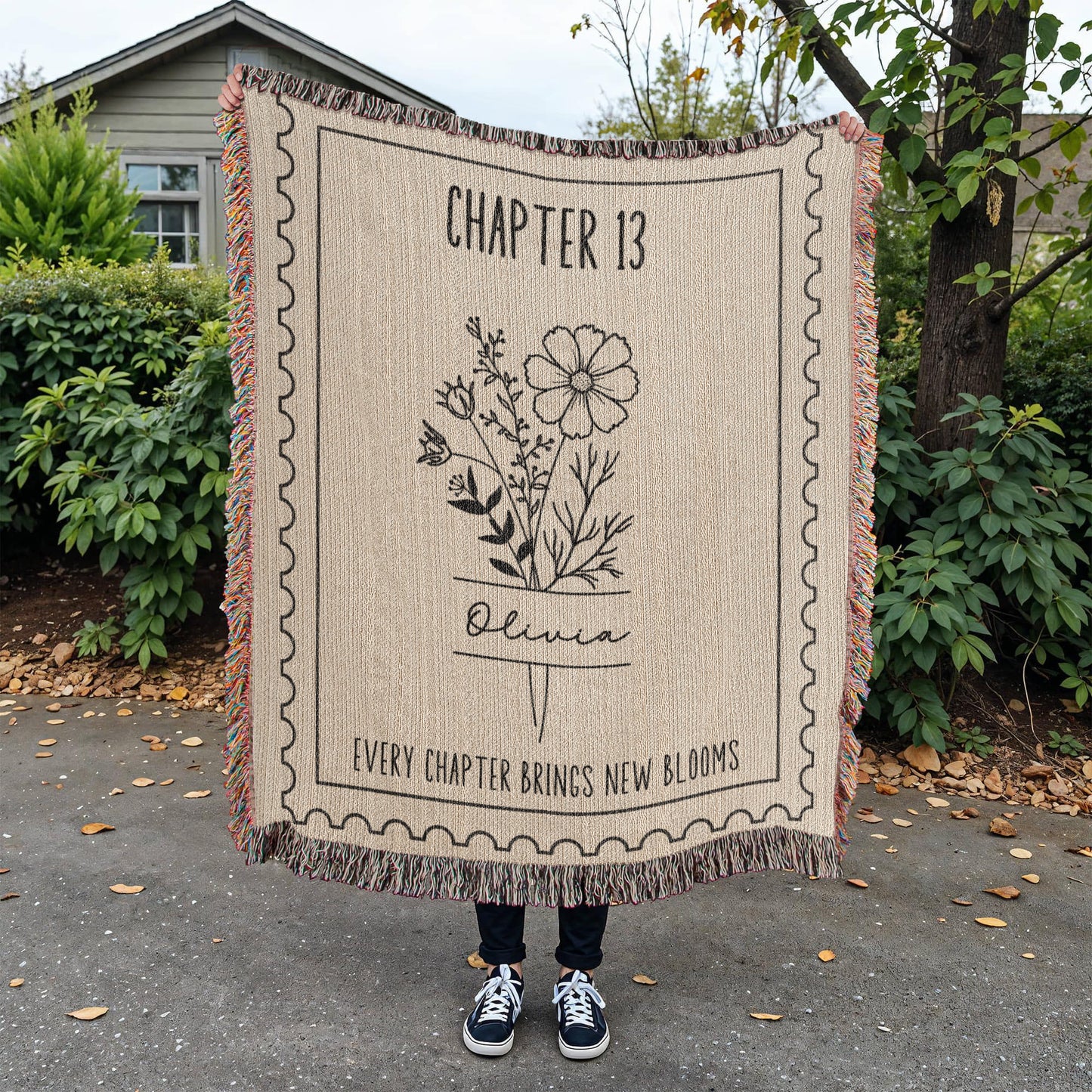 13th Birthday Gift for Her, Personalized Chapter 13 Name and Birthday Month Flower Keepsake Reading Blanket