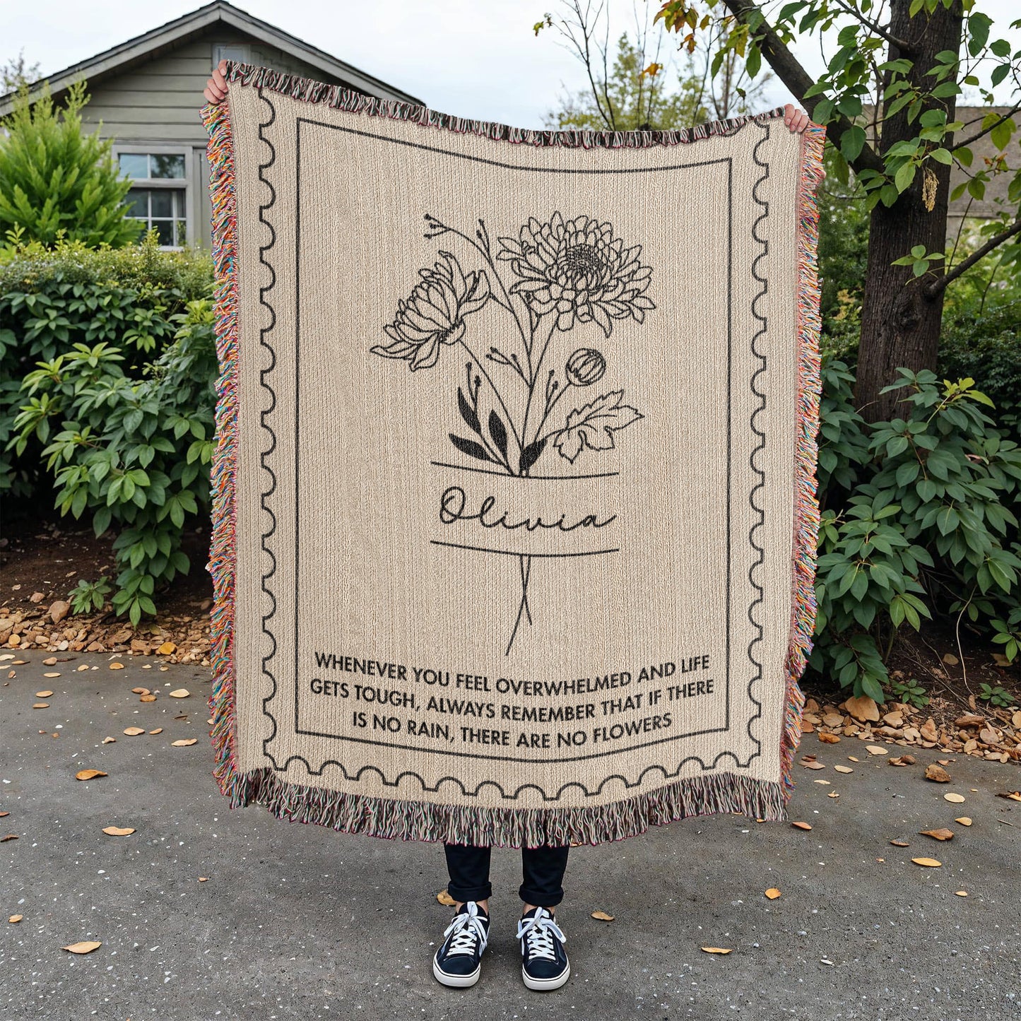 Custom Name and Birth Flower No Rain No Flowers Cotton Woven Blanket Gift for Her