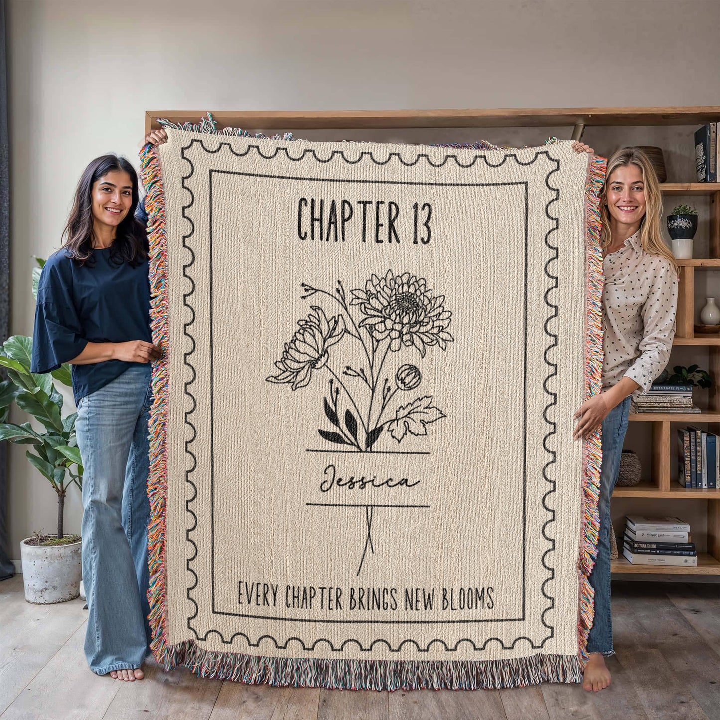13th Birthday Gift for Her, Personalized Chapter 13 Book Lover Reading Blanket Birthday Month Flower Keepsake Gift for Milestone