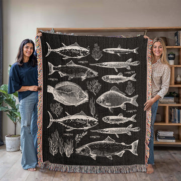 Vintage Freshwater Gamefish Woven Blanket | Rustic Cabin Lodge Decor | Fishing Wall Art Tapestry | Lake House Lodge Fisherman Decor Lakehouse
