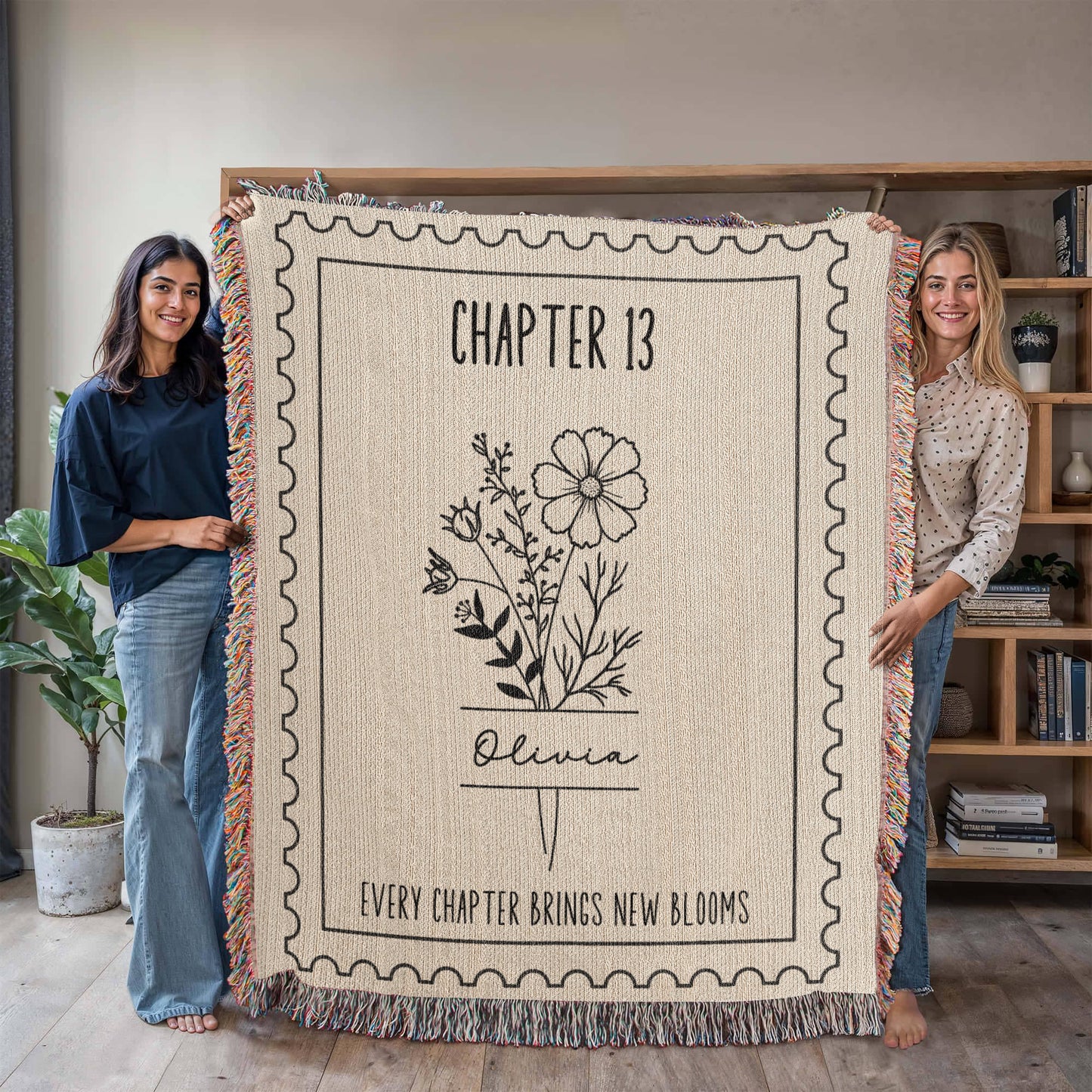 13th Birthday Gift for Her, Personalized Chapter 13 Name and Birthday Month Flower Keepsake Reading Blanket