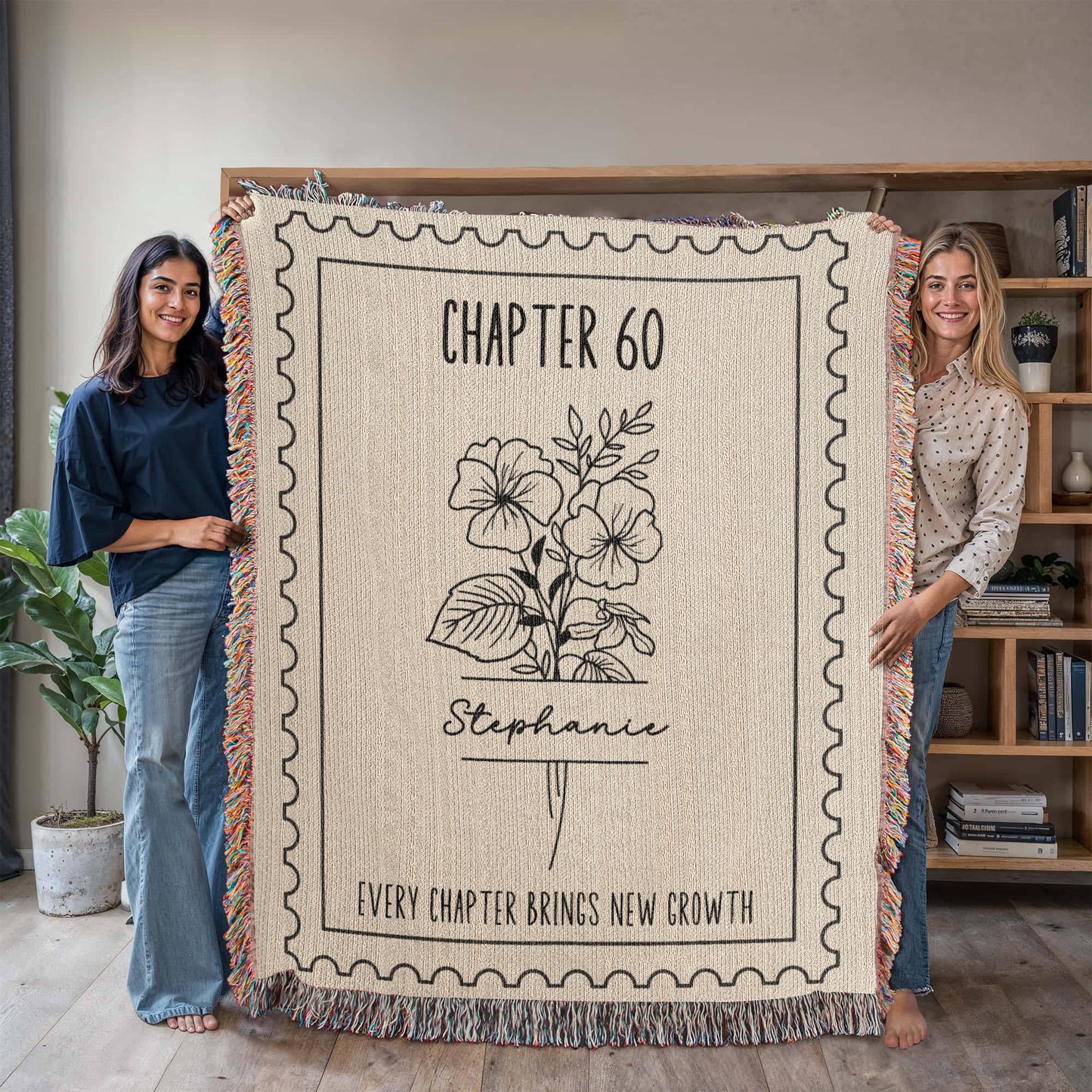 60th Birthday Gift Birth Month Flower Personalized Book Lover Blanket, Warm Soft Blanket For Women, Gift For Bookworm Book Club