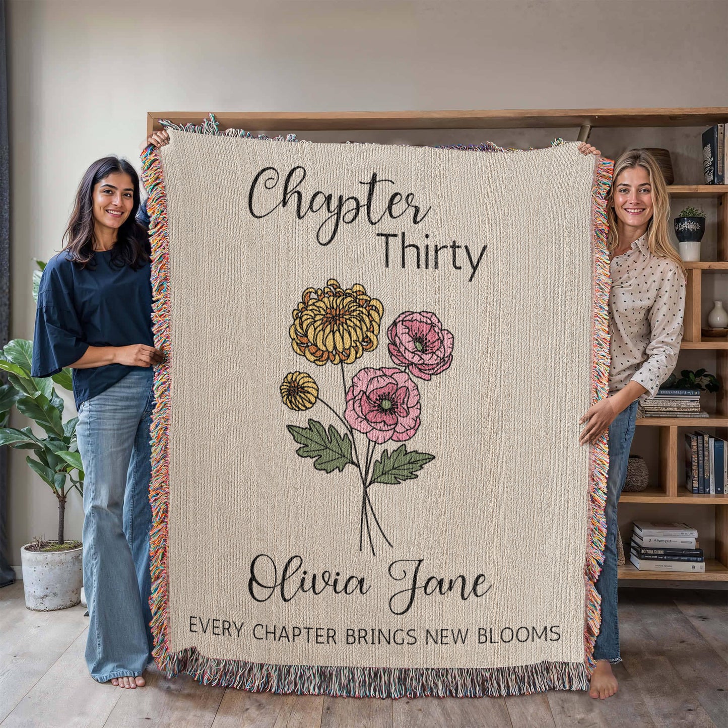 30th Birthday Gift for Her or Him, Chapter 30 Name Blanket, Birth Flower Present, Personalized Gift for 30 Year Old Woman or Daughter