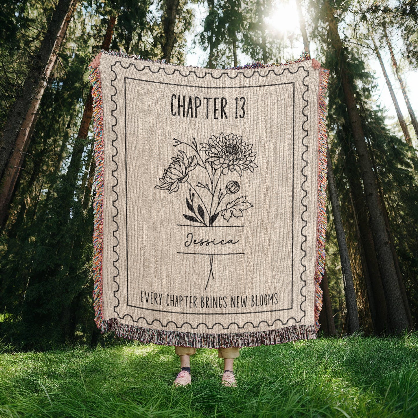 13th Birthday Gift for Her, Personalized Chapter 13 Book Lover Reading Blanket Birthday Month Flower Keepsake Gift for Milestone