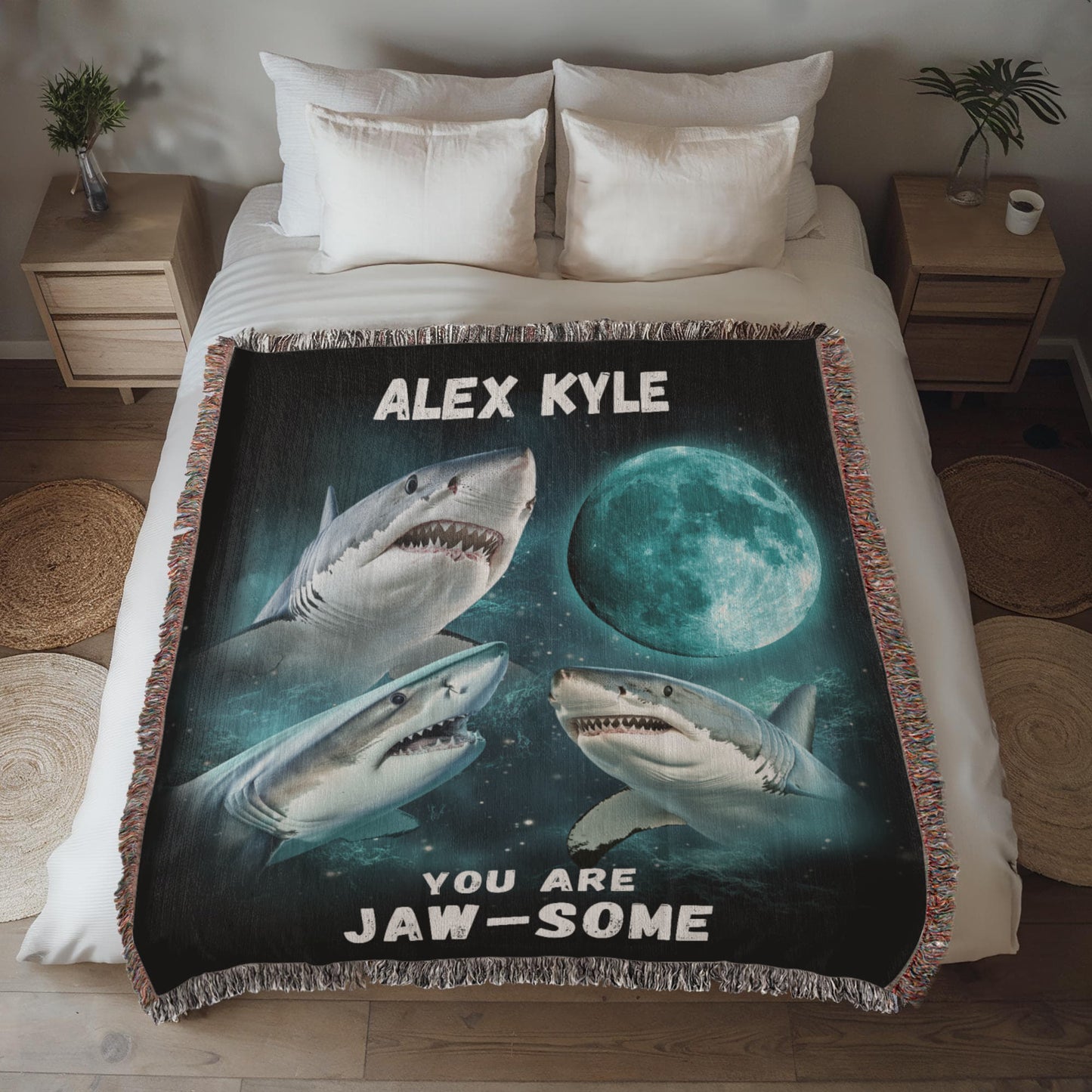 Personalized Shark Blanket, Custom Name Woven Blanket, Ocean Theme Gift for Kids & Teens, Cool Shark Room Decor, Birthday Gift for Boys