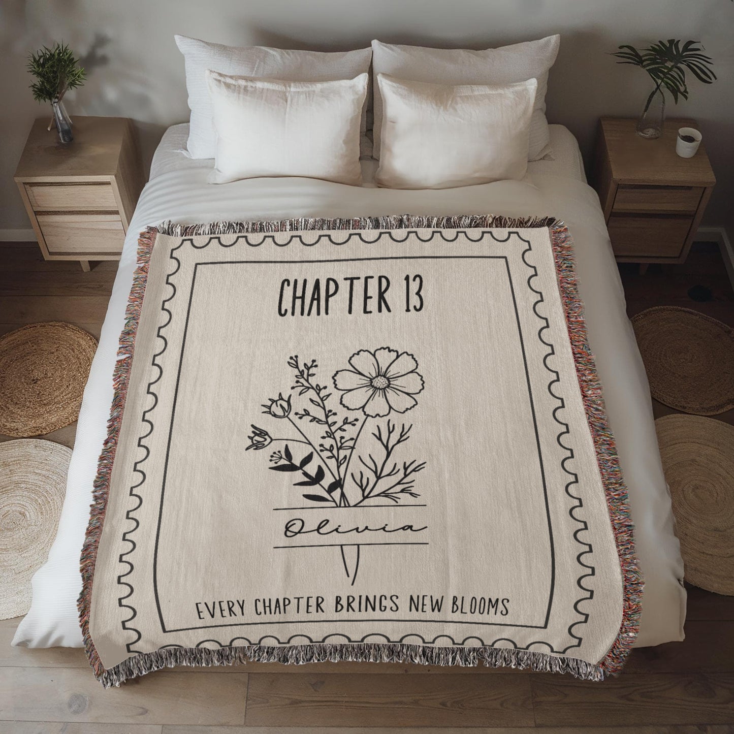 13th Birthday Gift for Her, Personalized Chapter 13 Name and Birthday Month Flower Keepsake Reading Blanket