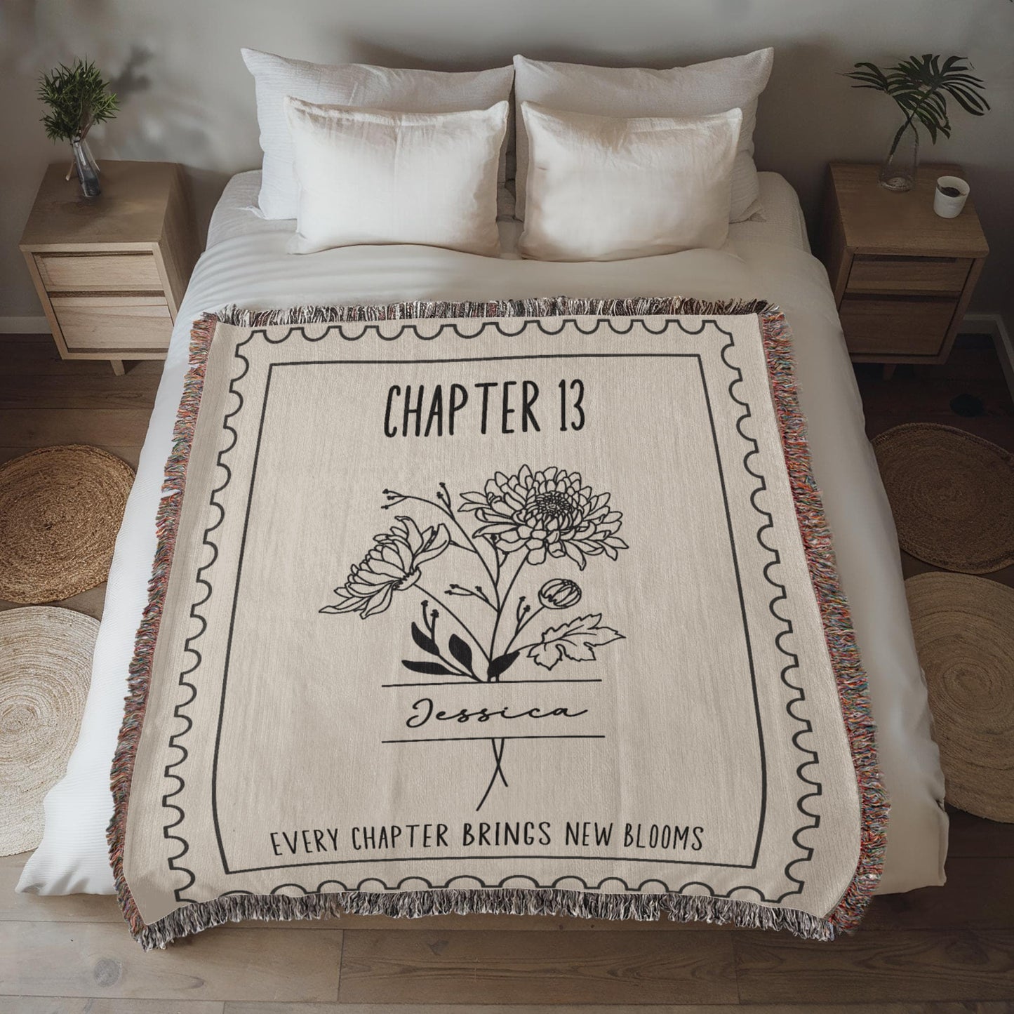 13th Birthday Gift for Her, Personalized Chapter 13 Book Lover Reading Blanket Birthday Month Flower Keepsake Gift for Milestone