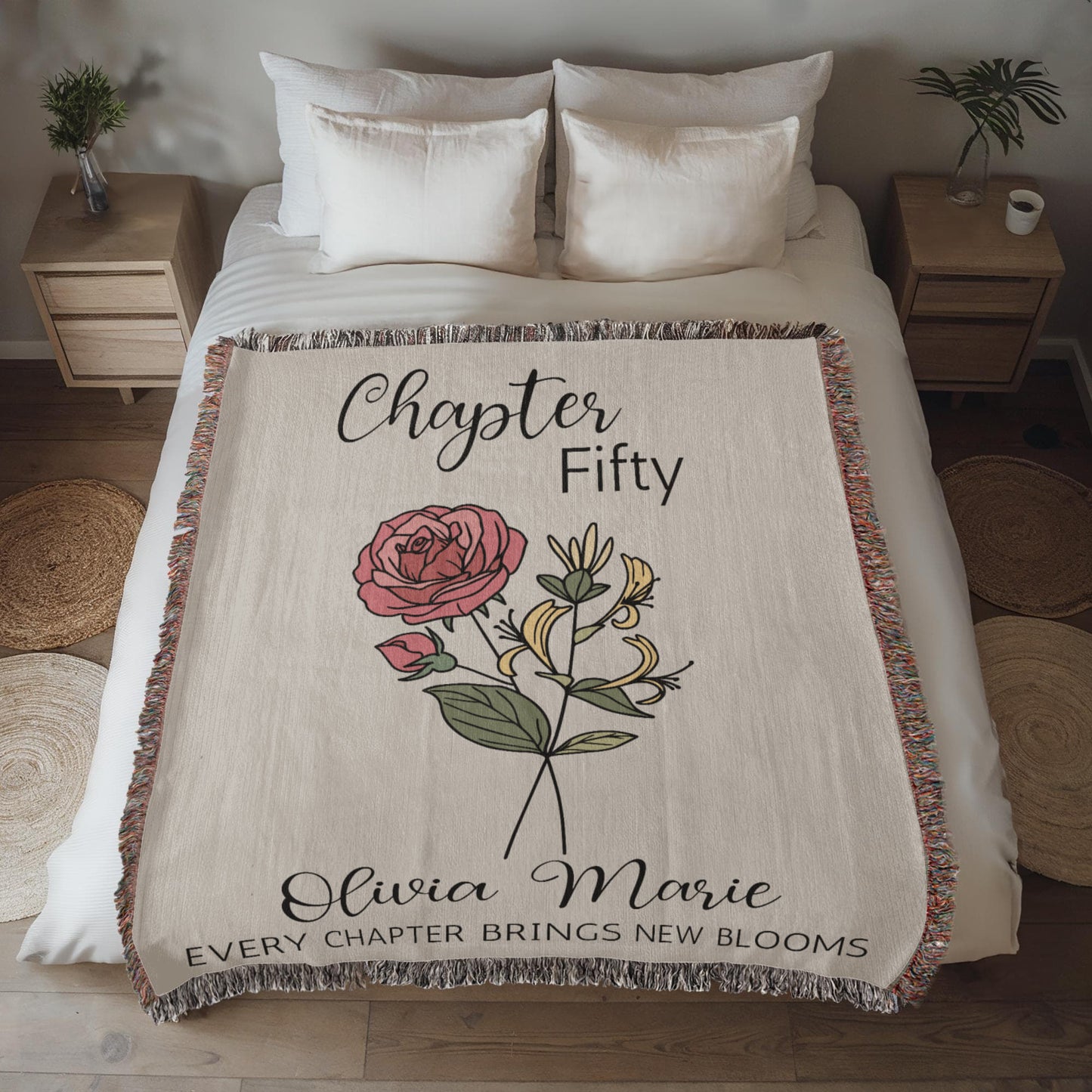 50th Birthday Gift for Women or Men, Chapter 50 Name Blanket, Birth Month Flower Throws, Personalized 50 Years Old Birthday Present