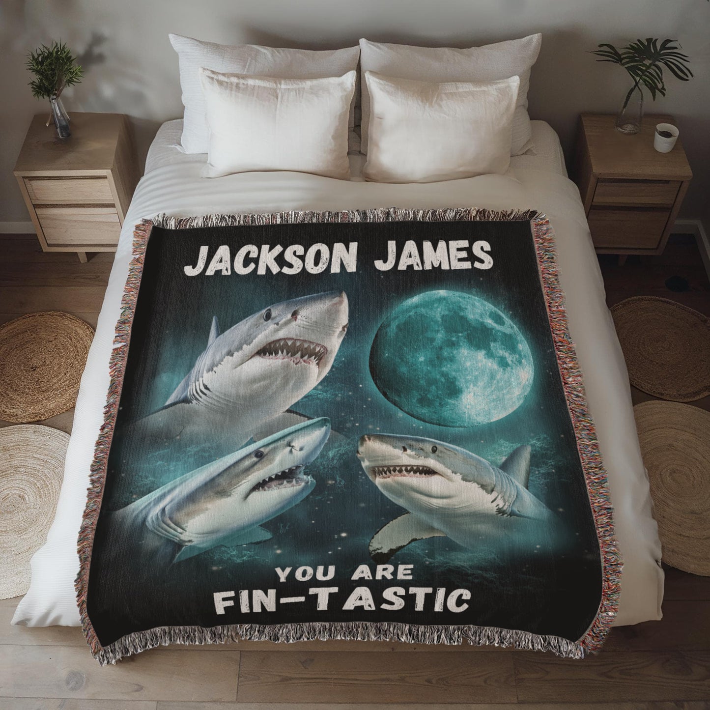 Personalized Name Shark Lover Gift for Shark Lovers Encouragement Gift for Son, Nephew, Grandson Gift Beach House Decor Custom Blanket