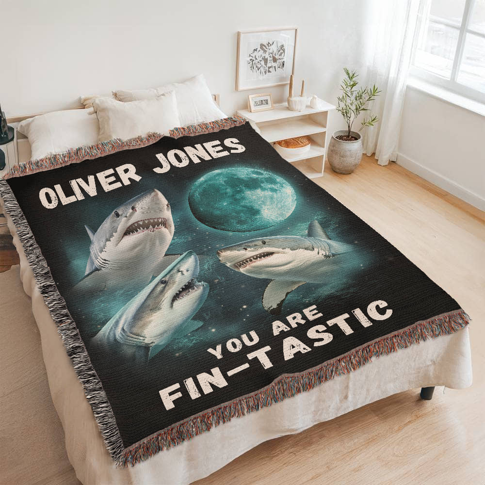 Personalized Name Shark Lover Gift for Shark Lovers Encouragement Gift for Son, Nephew, Grandson Gift Beach House Decor Custom Blanket