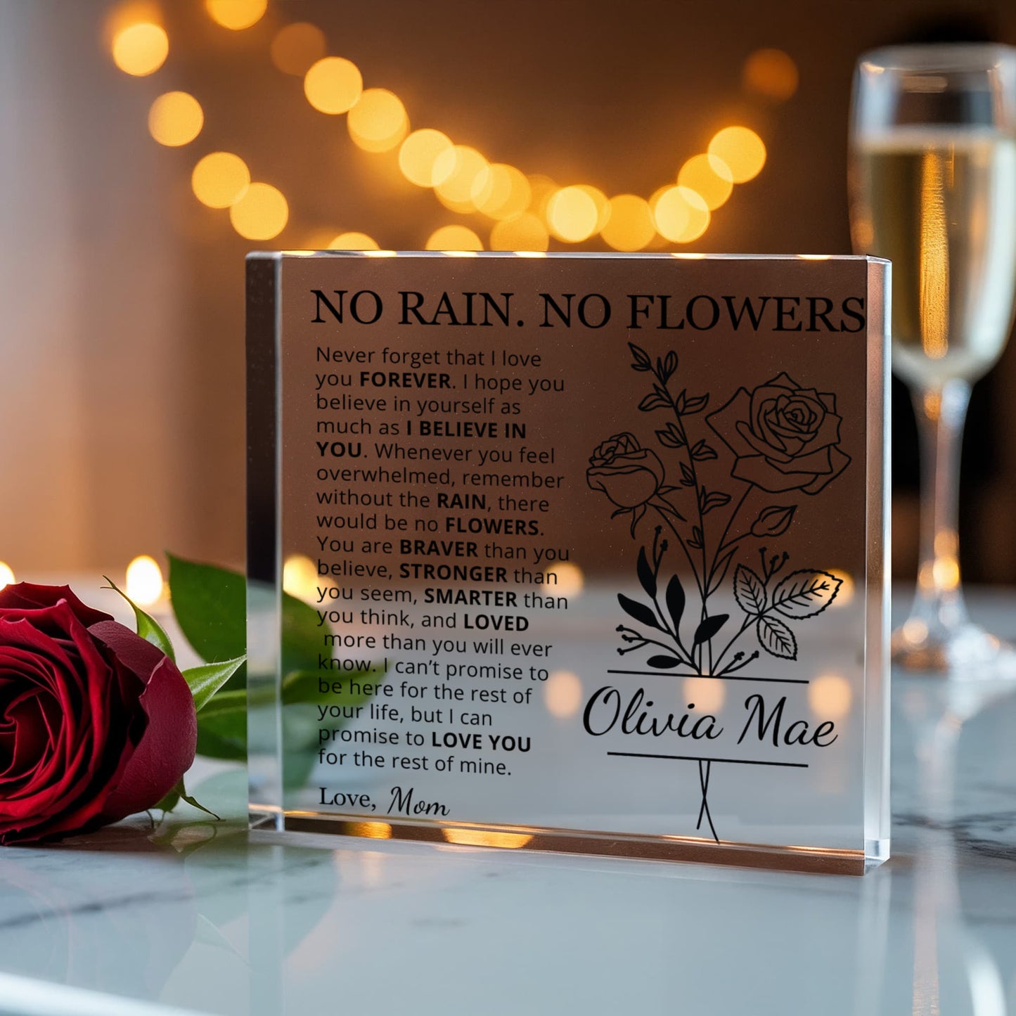 No Rain No Flowers Personalized Birth Flower Name Acrylic Plaque | Sentimental Gift for Daughter or Granddaughter