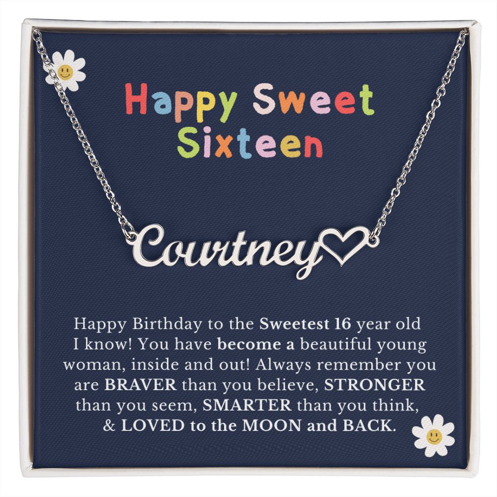 Sweet Sixteen Heart Name Necklace, 16th Birthday Gift for Daughter, Granddaughter, Niece