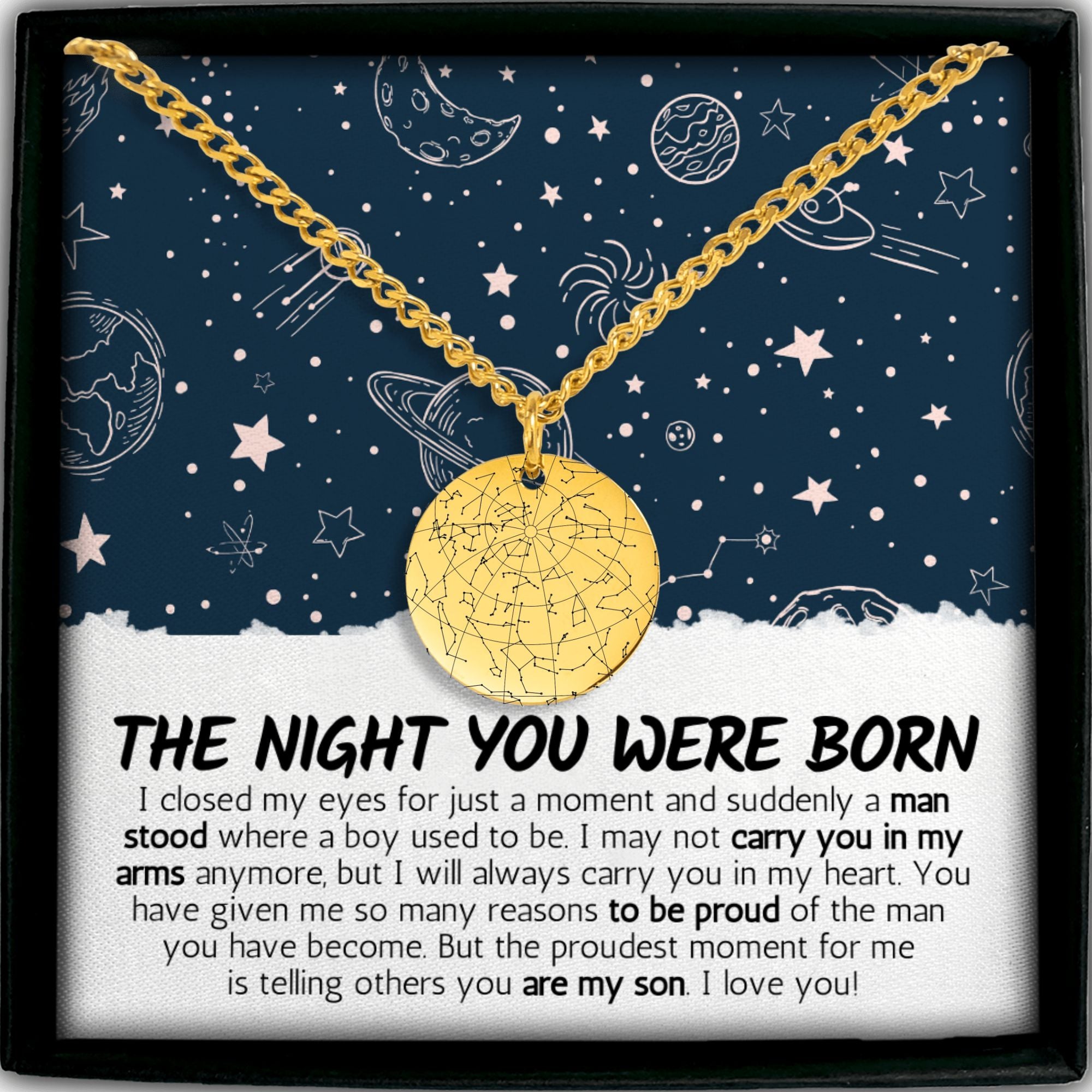 Gift for Son from Mom or Dad | Personalized Star Map Engraved Cuban Necklace, Son Gifts, Birthday Gift, Sentimental Christmas Gift Idea