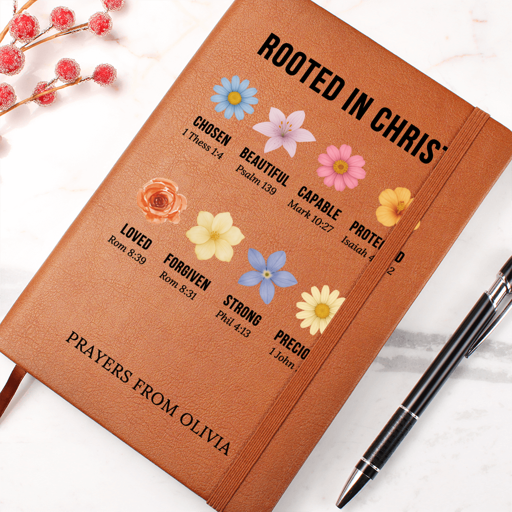 Rooted in Christ Journal – Christian Gift for Women – Personalized Prayer Notebook with Bible Verses – Floral Faith Journal