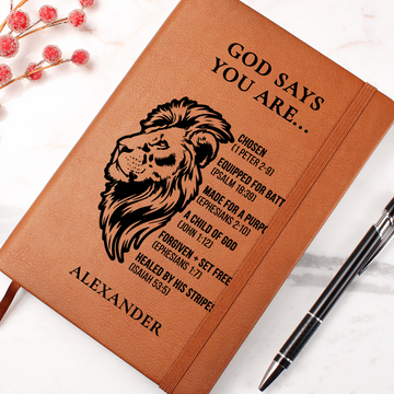 Personalized Christian Journal for Men – “God Says You Are” Lion Notebook – Faith Gift, Bible Study, Devotional, Custom Name Gift
