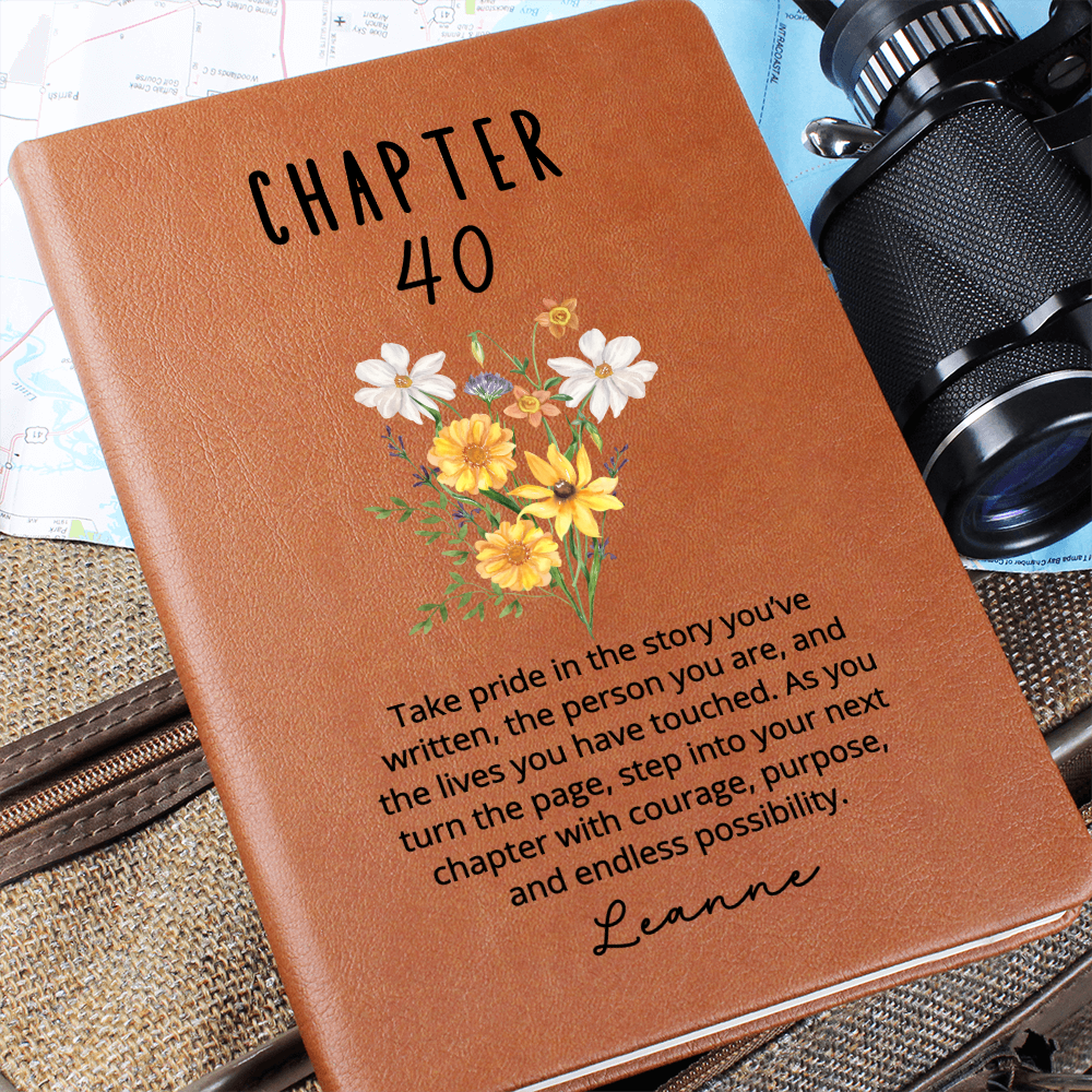 Chapter 40 Birthday Gift for Her – Personalized Name Journal – 40th Milestone Keepsake – Custom Vegan Leather Notebook for Women