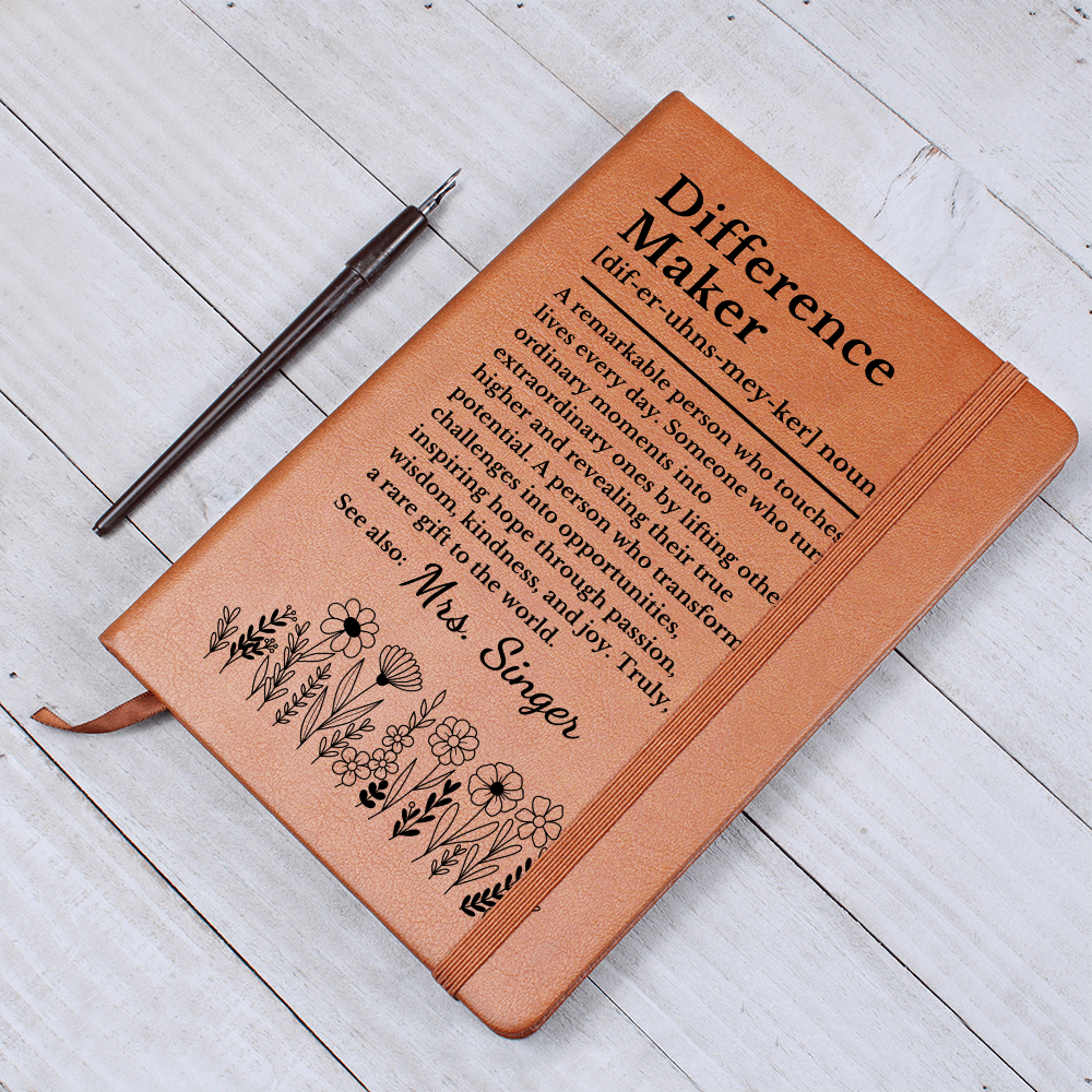 Difference Maker Personalized Journal | Custom Vegan Leather Notebook Mentor Teacher Coach Gift Christmas Appreciation Thank You
