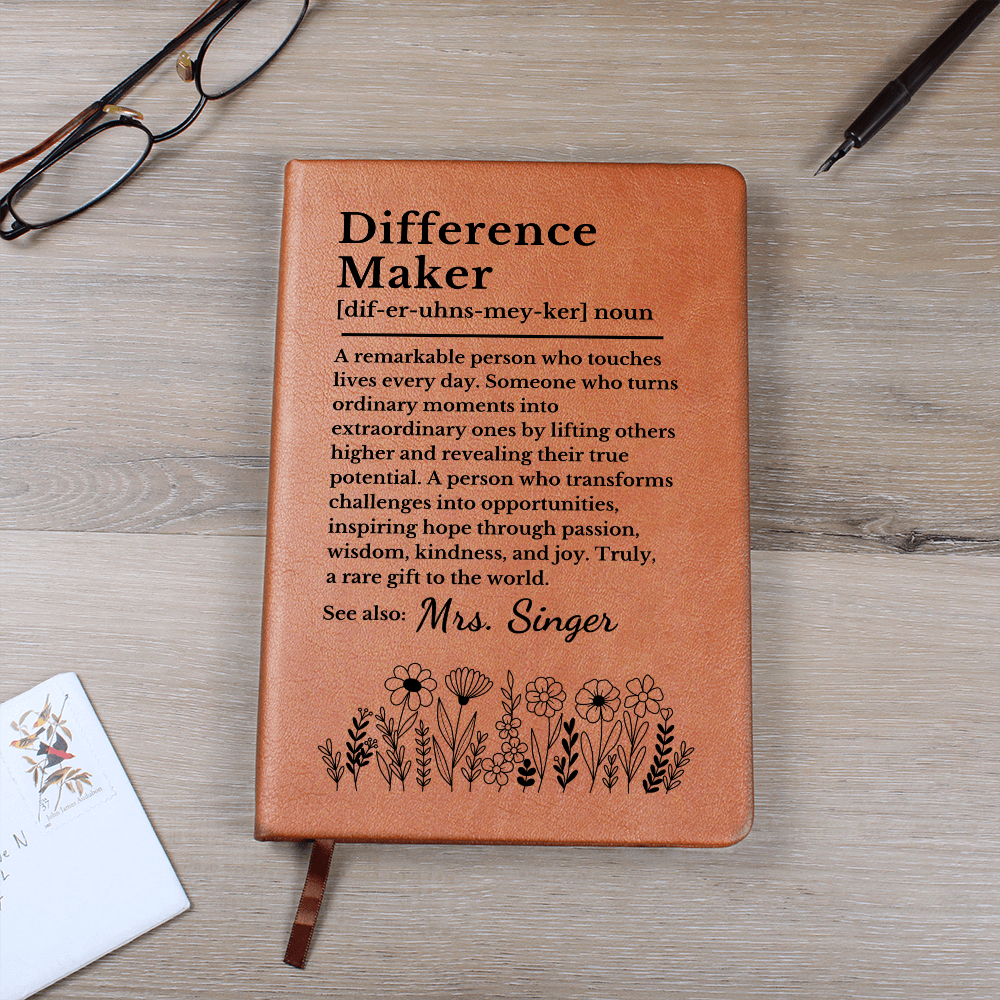 Difference Maker Personalized Journal | Custom Vegan Leather Notebook Mentor Teacher Coach Gift Christmas Appreciation Thank You