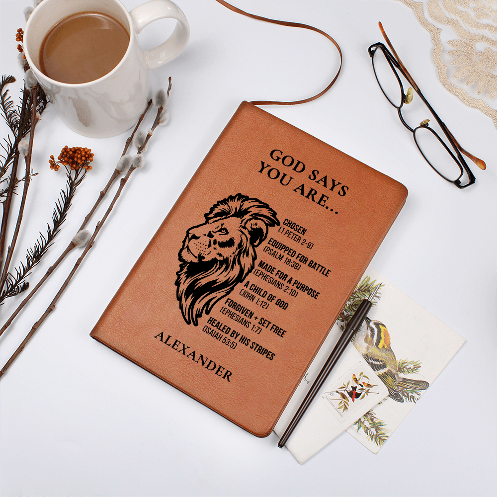 Personalized Christian Journal for Men – “God Says You Are” Lion Notebook – Faith Gift, Bible Study, Devotional, Custom Name Gift