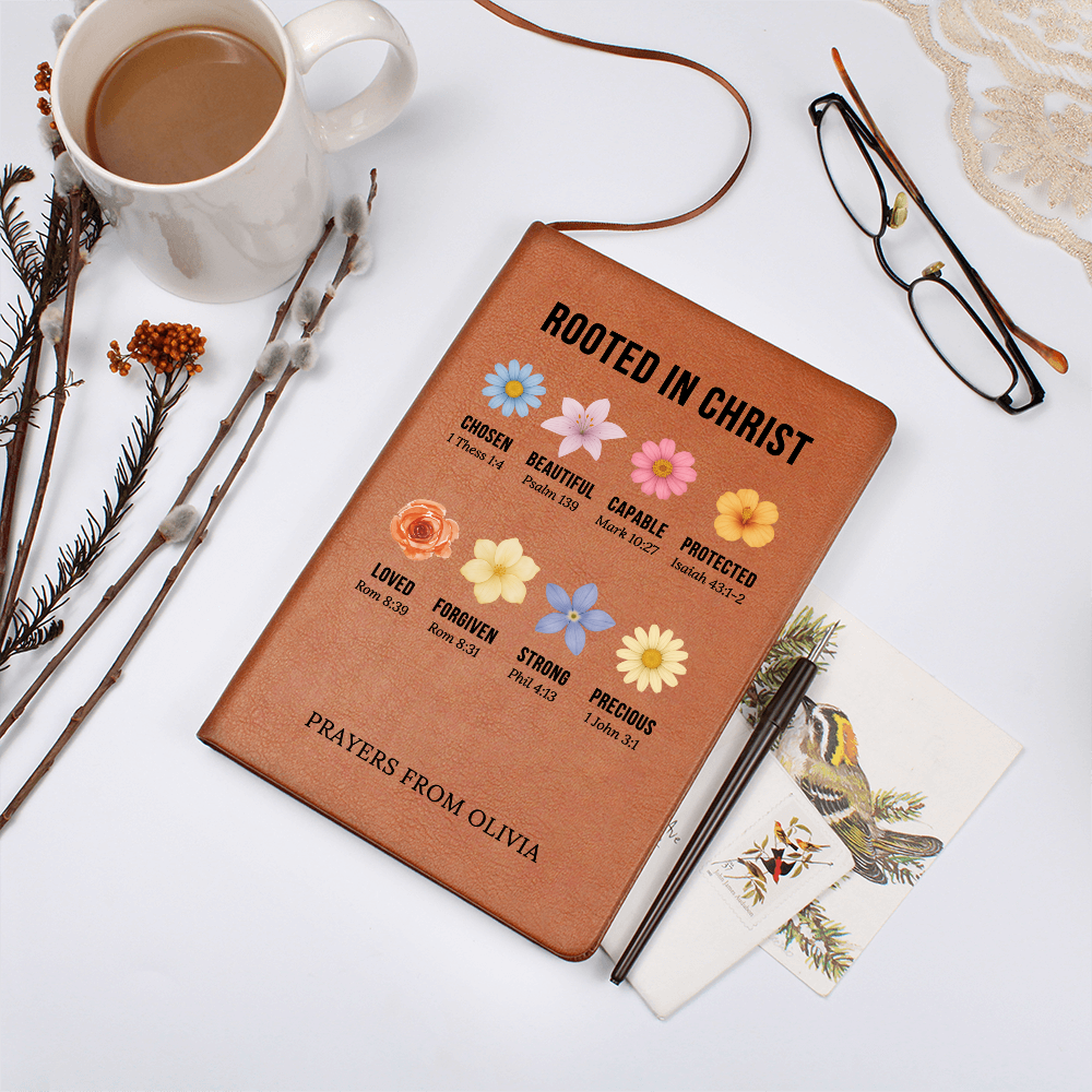 Rooted in Christ Journal – Christian Gift for Women – Personalized Prayer Notebook with Bible Verses – Floral Faith Journal