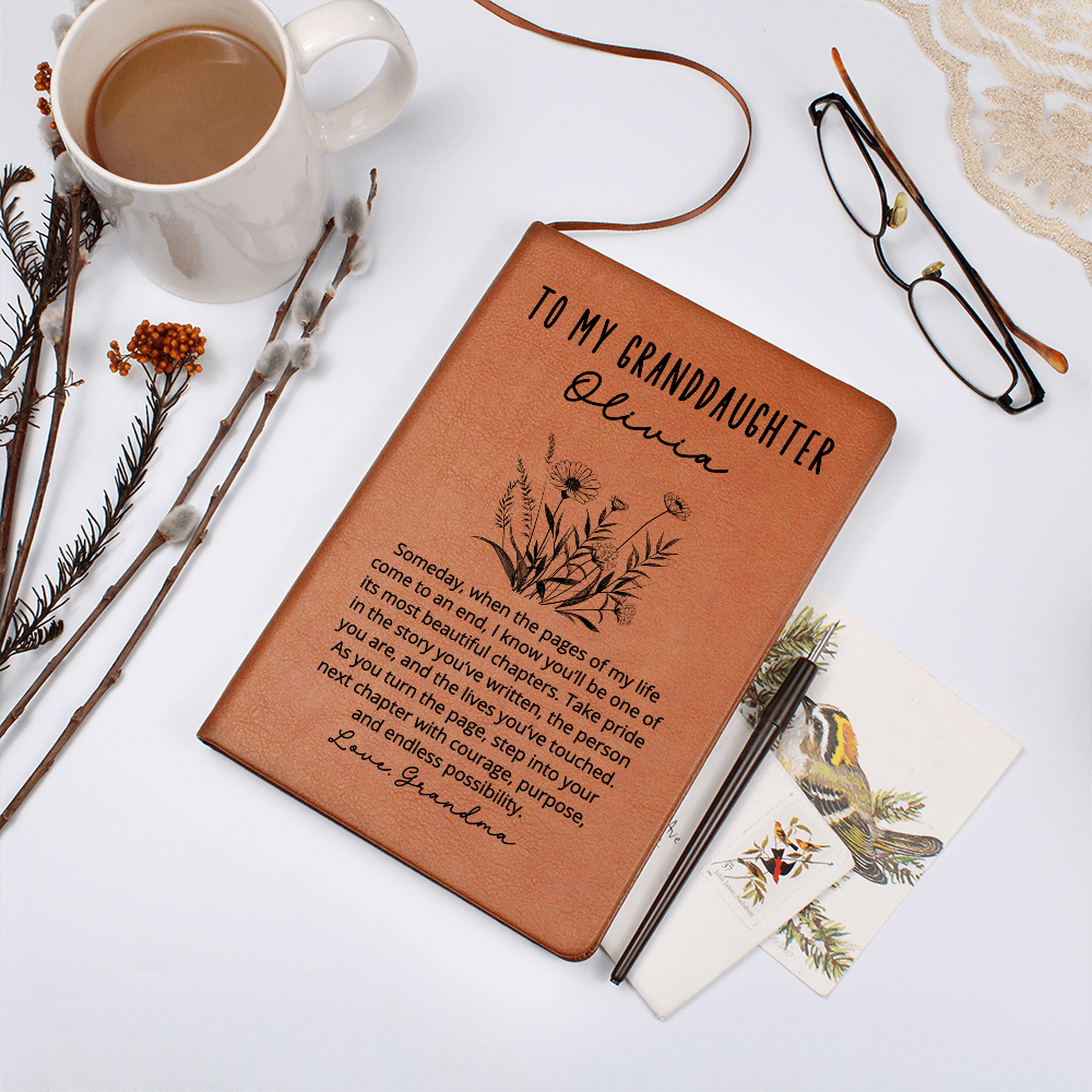 To My Granddaughter Journal – Personalized Christmas Gift from Grandma or Grandpa, Custom Vegan Leather Notebook, Keepsake for Her