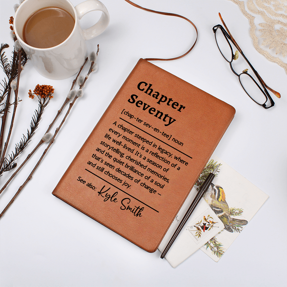 70th Birthday Gift Journal | Personalized Chapter Seventy Definition Notebook with Name | Custom Vegan Leather Keepsake for Mom, Dad, Grandma, or Grandpa