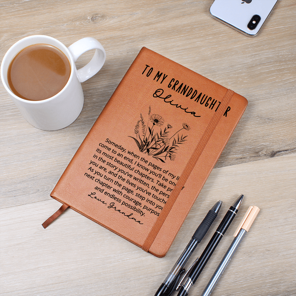 To My Granddaughter Journal – Personalized Christmas Gift from Grandma or Grandpa, Custom Vegan Leather Notebook, Keepsake for Her