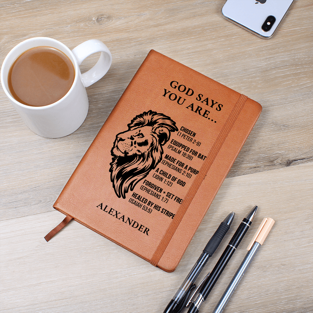 Personalized Christian Journal for Men – “God Says You Are” Lion Notebook – Faith Gift, Bible Study, Devotional, Custom Name Gift