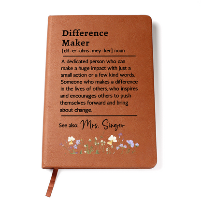 Custom Name Difference Maker Journal | Personalized Vegan Leather Mentor Teacher Coach Notebook Christmas Gift Appreciation Thank You