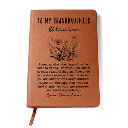 To My Granddaughter Journal – Personalized Christmas Gift from Grandma or Grandpa, Custom Vegan Leather Notebook, Keepsake for Her
