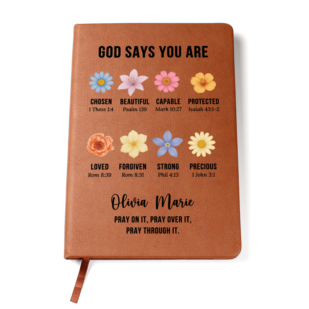 God Says You Are Journal – Personalized Christian Gift for Women – Custom Prayer Notebook with Bible Verses & Floral Design