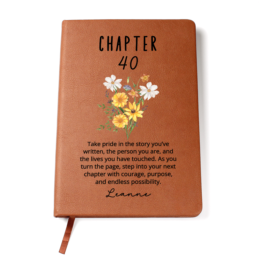 Chapter 40 Birthday Gift for Her – Personalized Name Journal – 40th Milestone Keepsake – Custom Vegan Leather Notebook for Women
