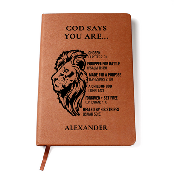 Personalized Christian Journal for Men – “God Says You Are” Lion Notebook – Faith Gift, Bible Study, Devotional, Custom Name Gift