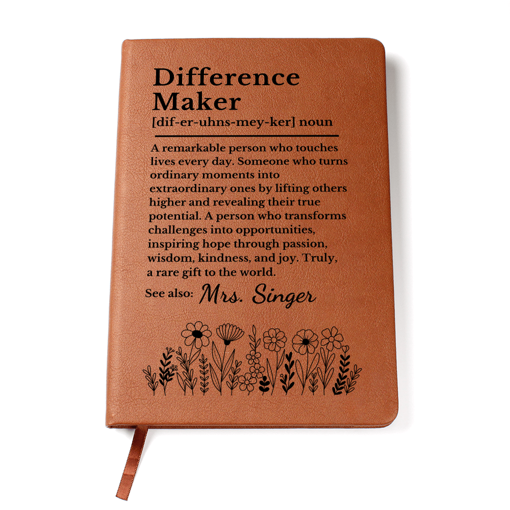 Difference Maker Personalized Journal | Custom Vegan Leather Notebook Mentor Teacher Coach Gift Christmas Appreciation Thank You